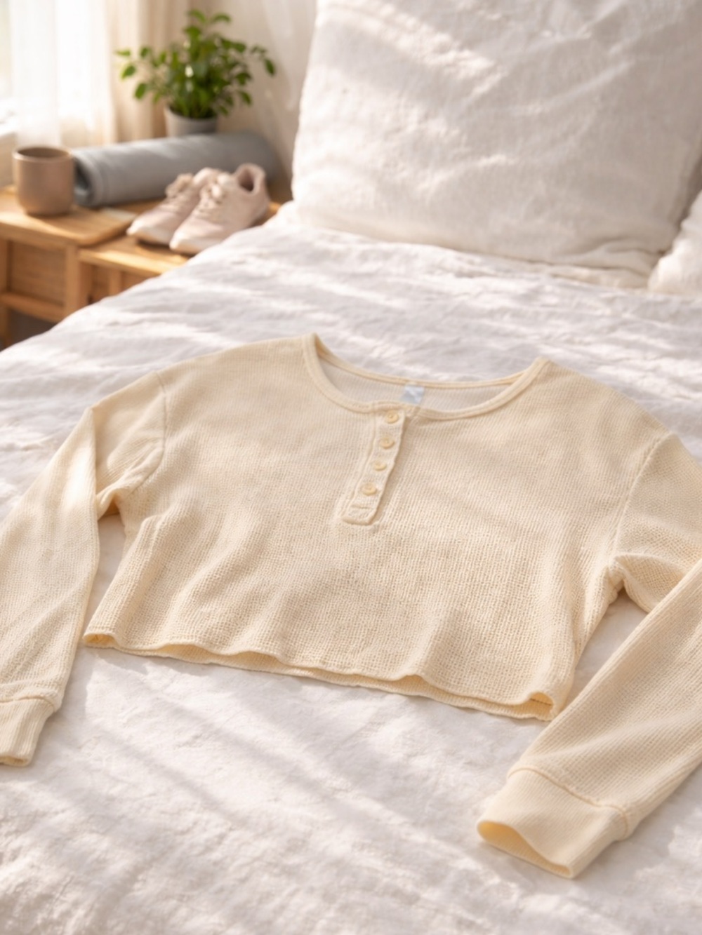 Lorna Jane Waffle Knit Cropped Henley Long Sleeve Top Cream M